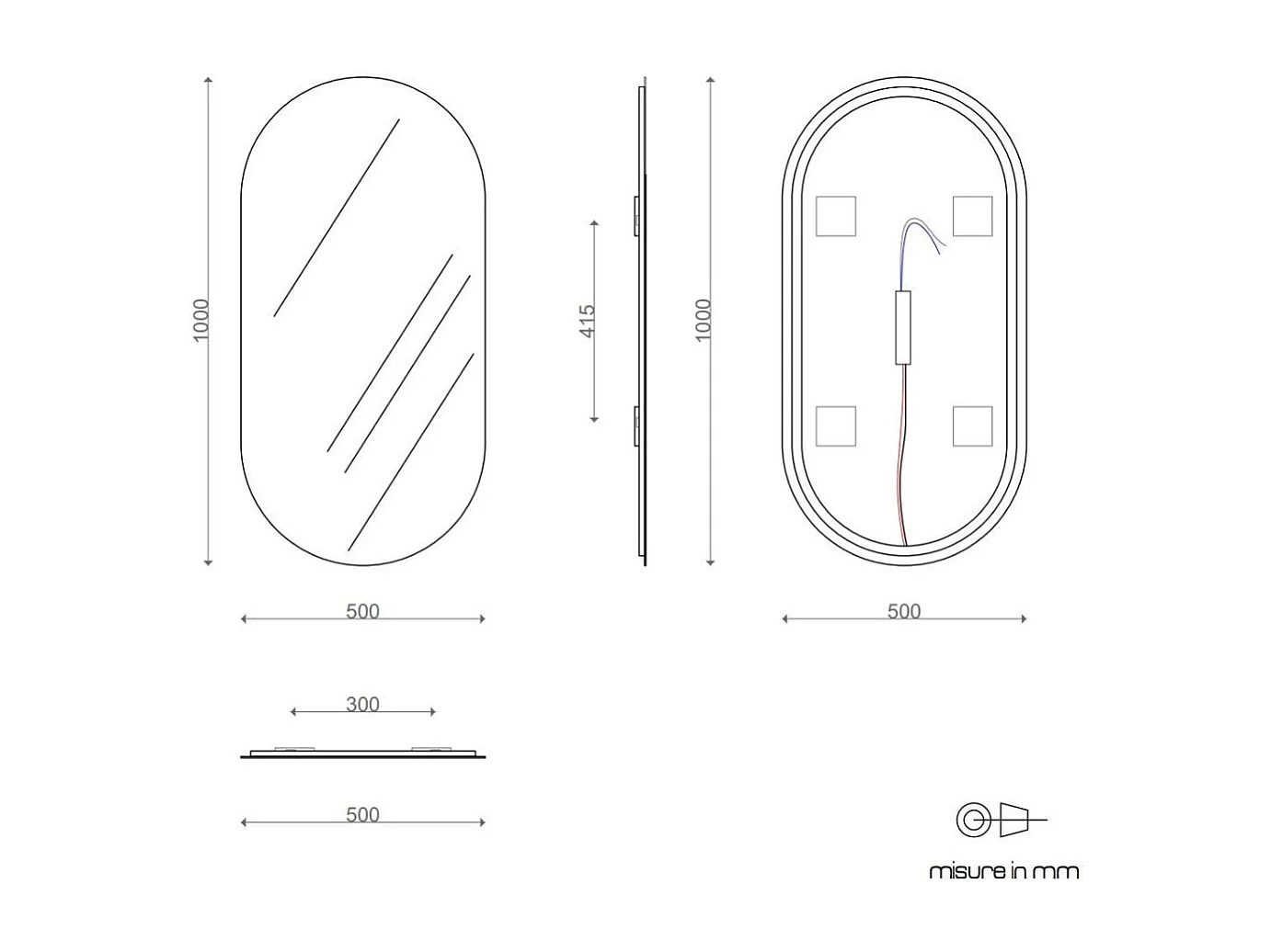 Miroir De Salle De Bain Ovale 50X100 Réversible Rétro-Éclairé À Led