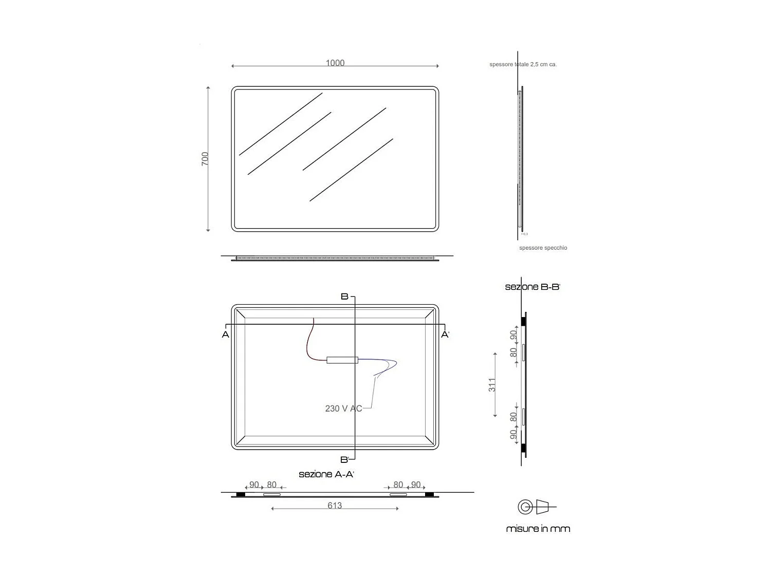 Miroir Avec Bords Sablés Et Éclairage A Led Intégré 100X70 Cm