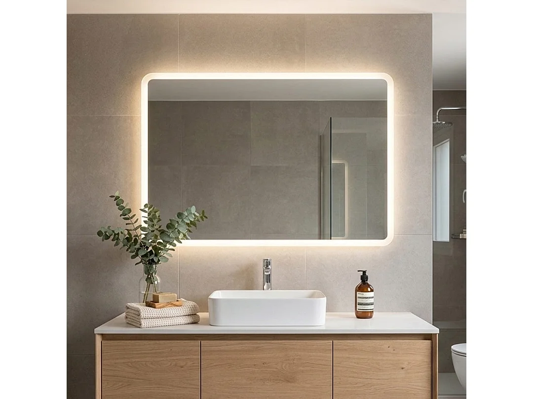 Miroir Avec Bords Sablés Et Éclairage A Led Intégré 100X70 Cm