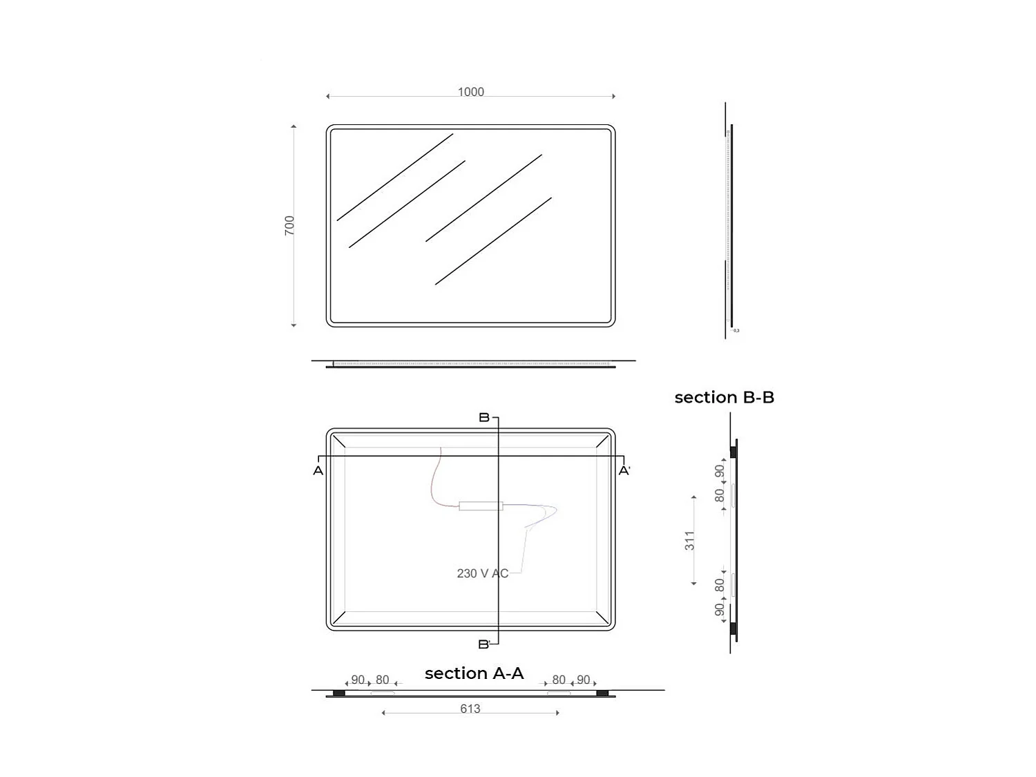 Miroir Avec Bords Sablés Et Éclairage A Led Intégré 100X70 Cm
