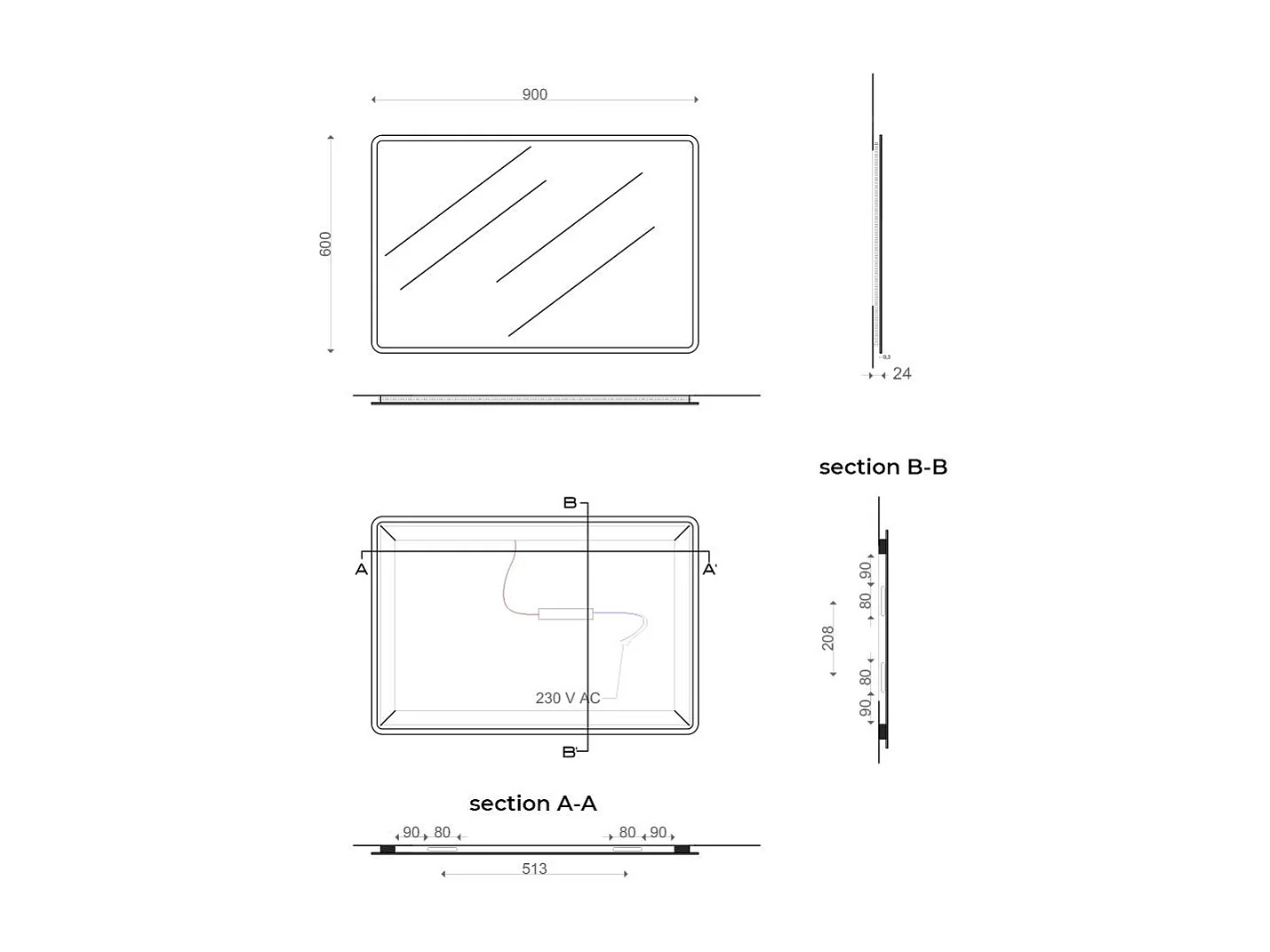 Miroir Rétroéclairé 60 X 90 Cm Angles Arrondis | Dallas