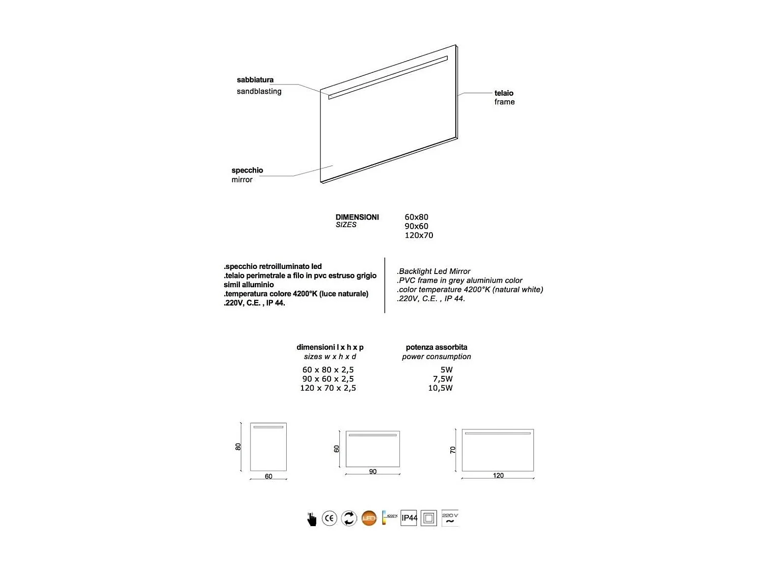 Miroir Avec Bande Led Supérieure Rétroéclairé 120X70 Cm