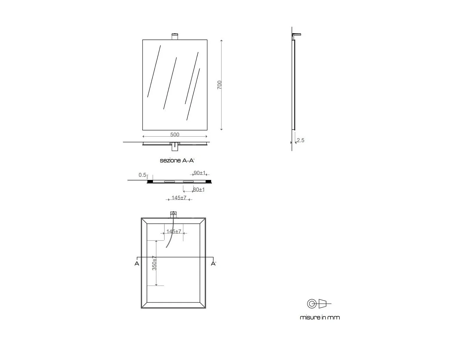 Miroir Rectangulaire Cm 50X70 Réversible Complet De Lampe À Led