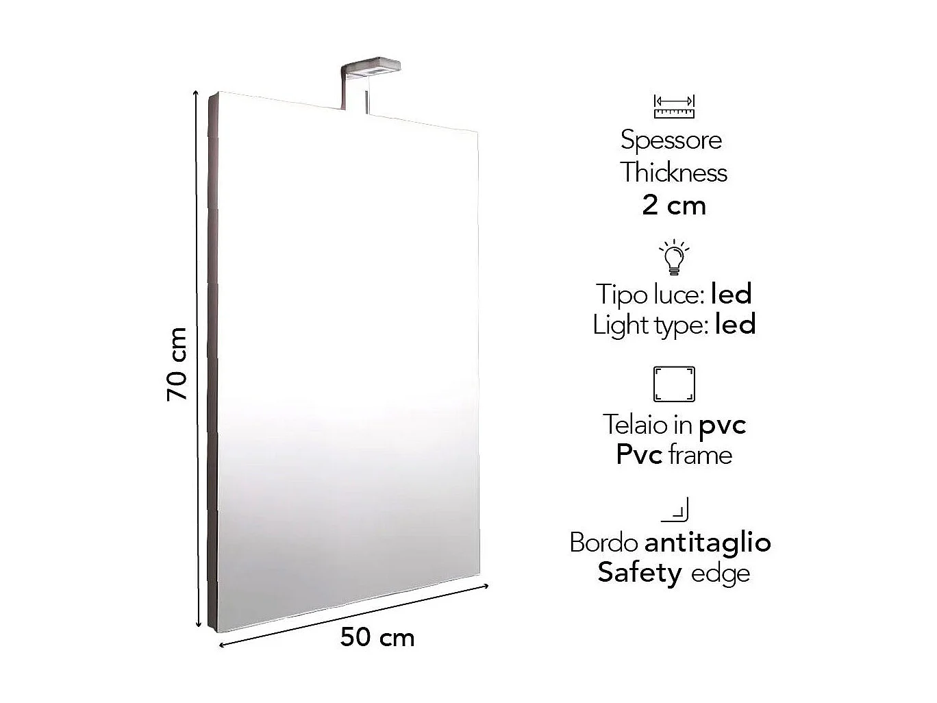 Miroir Rectangulaire Cm 50X70 Réversible Complet De Lampe À Led
