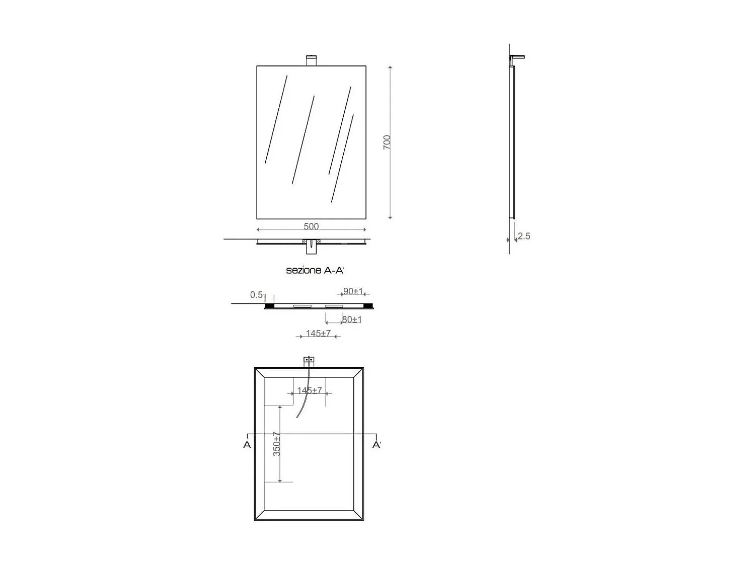 Miroir Rectangulaire Cm 50X70 Réversible Complet De Lampe À Led