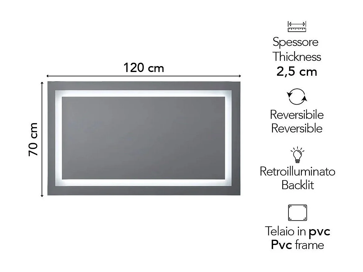 Miroir De Salle De Bain Avec Led Cm 120X70 Senseur Touch Réversible