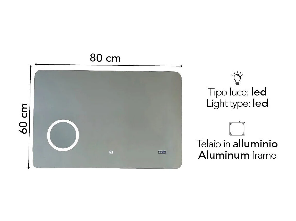 Miroir À Led 80X60 Tactile Avec Montre Digitale Et Miroir Grossissant