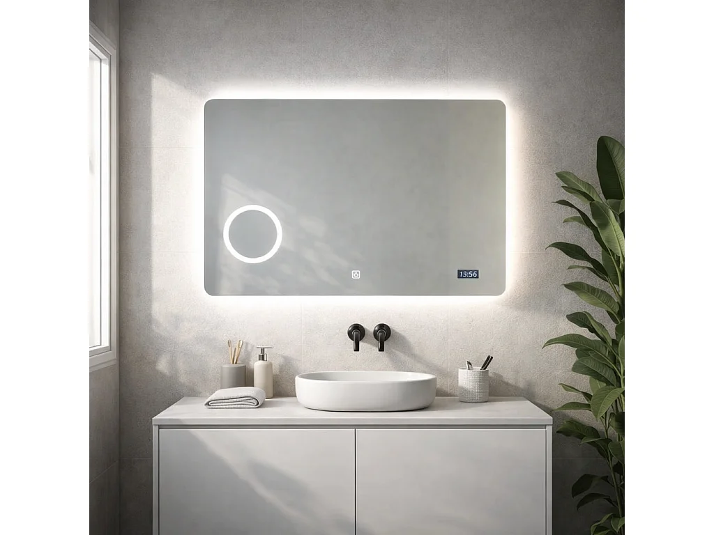 Miroir À Led 80X60 Tactile Avec Montre Digitale Et Miroir Grossissant