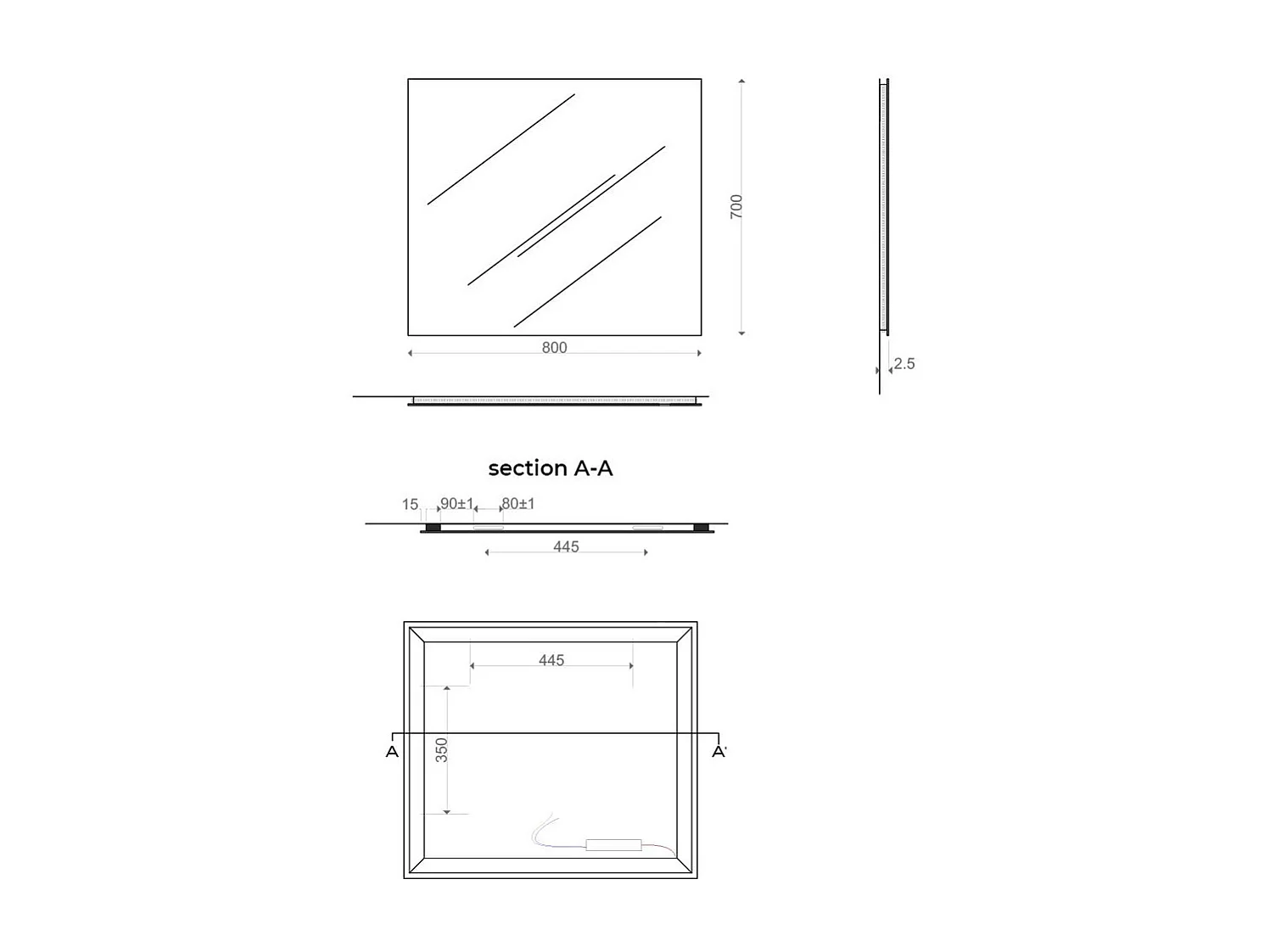 Miroir De Salle De Bain 80X70 Cm Avec Rétro-Éclairage À Leds