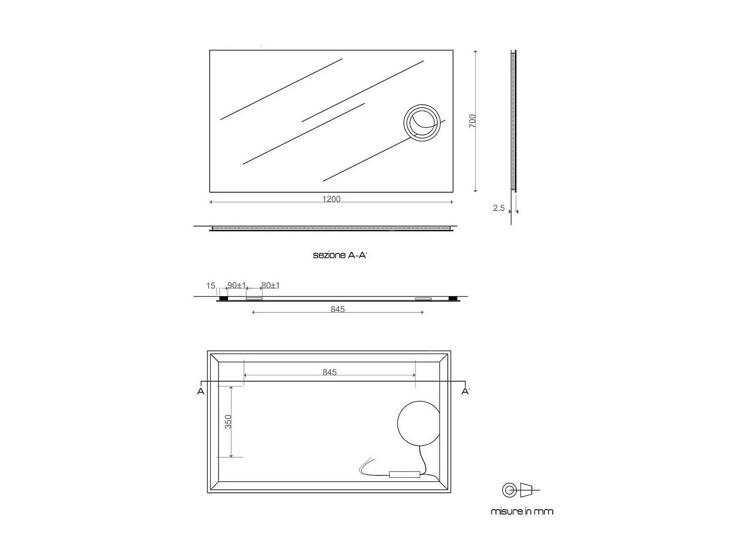 Miroir Rectangulaire Cm 120X70 Avec Miroir Grossissant Retroéclairé À Led Réversible