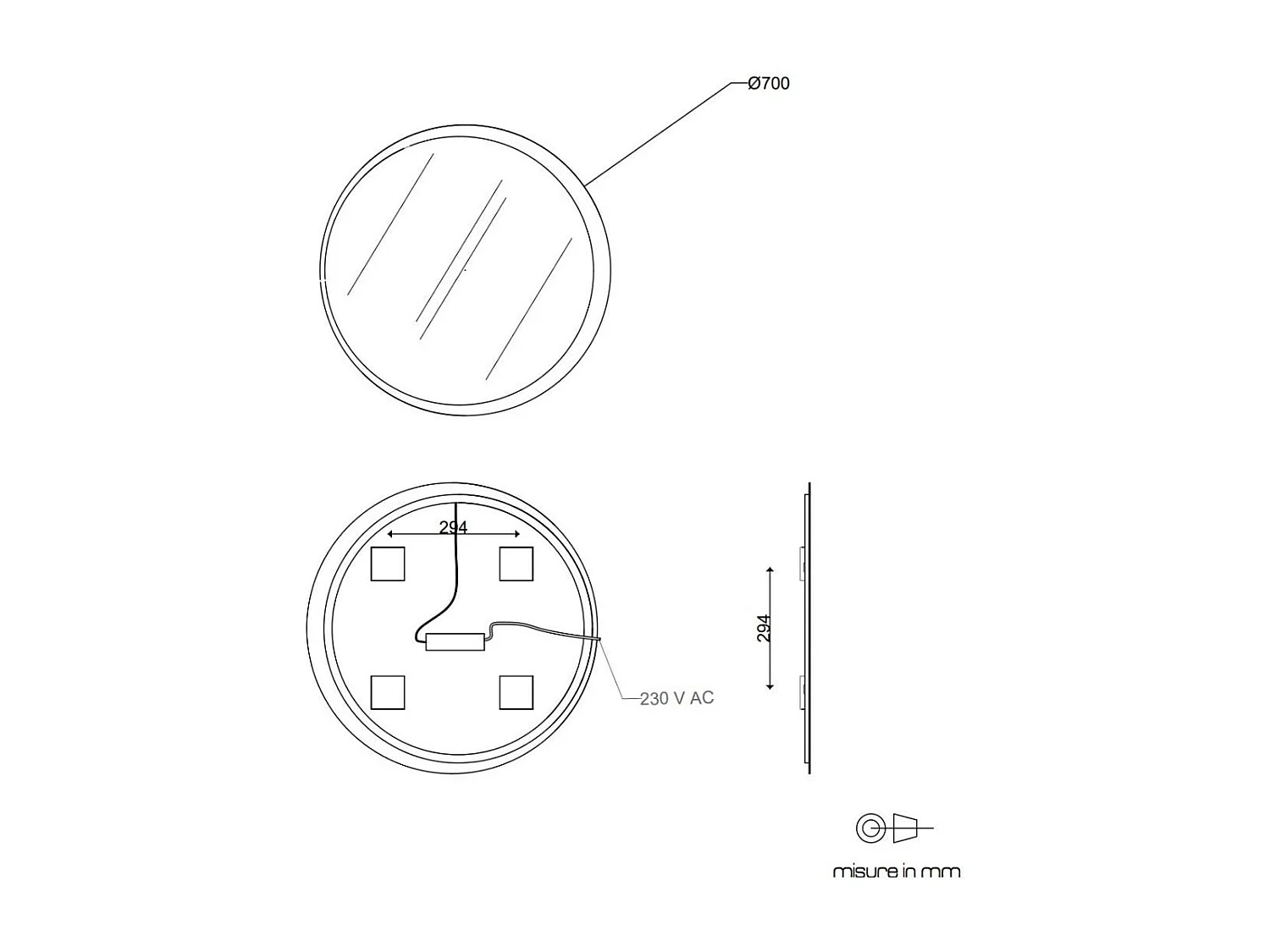 Miroir Rond Pour Salle De Bain Avec Diamètre Cm 70 Retroéclairé À Led Moderne