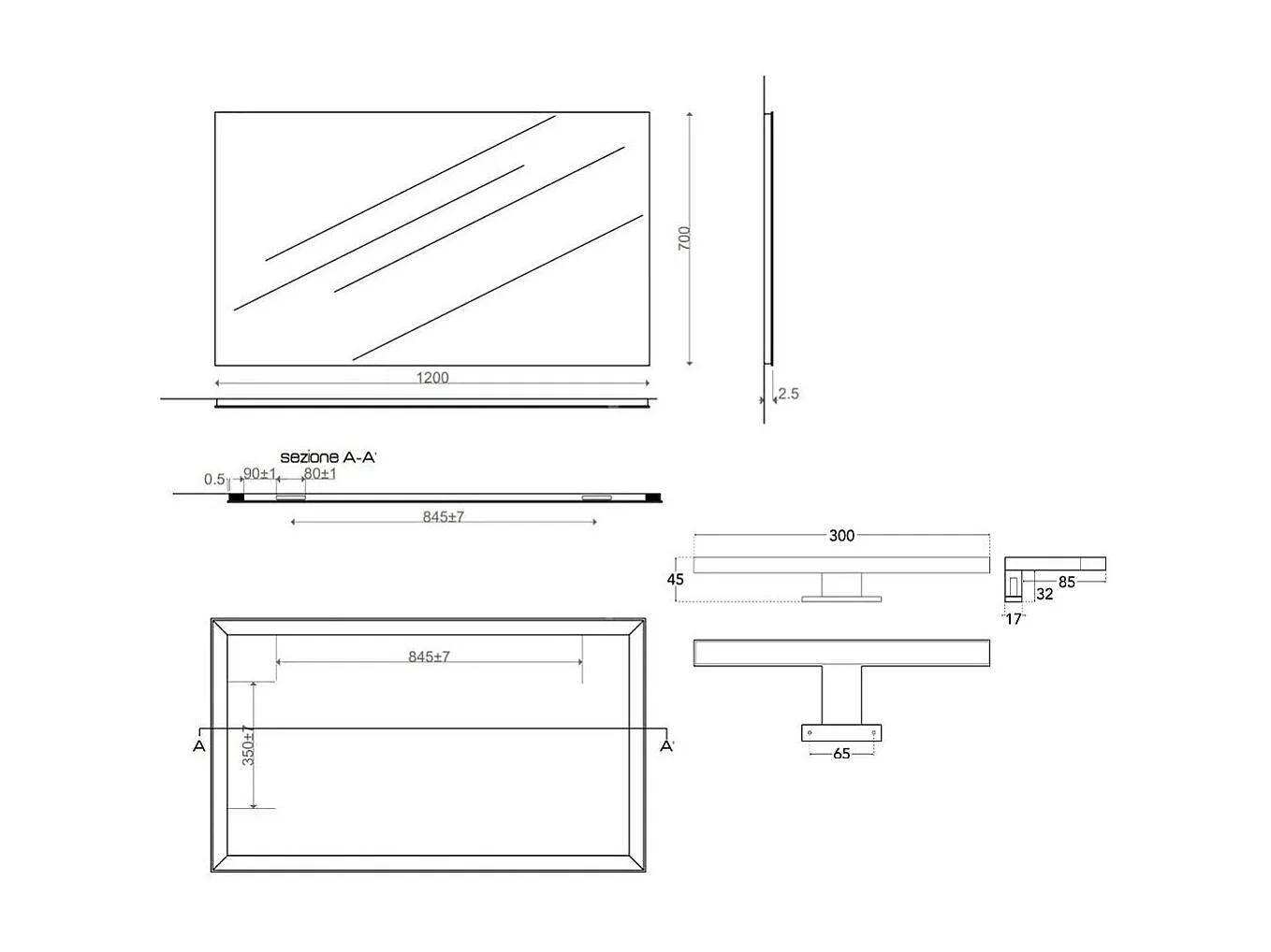 Miroir 120X70 A Affleurement Avec Lampe Led