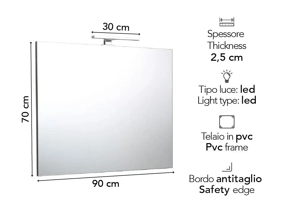 Miroir De Salle De Bains Affleurant 90 X 70 Cm Avec Éclairage Reversible Led Light