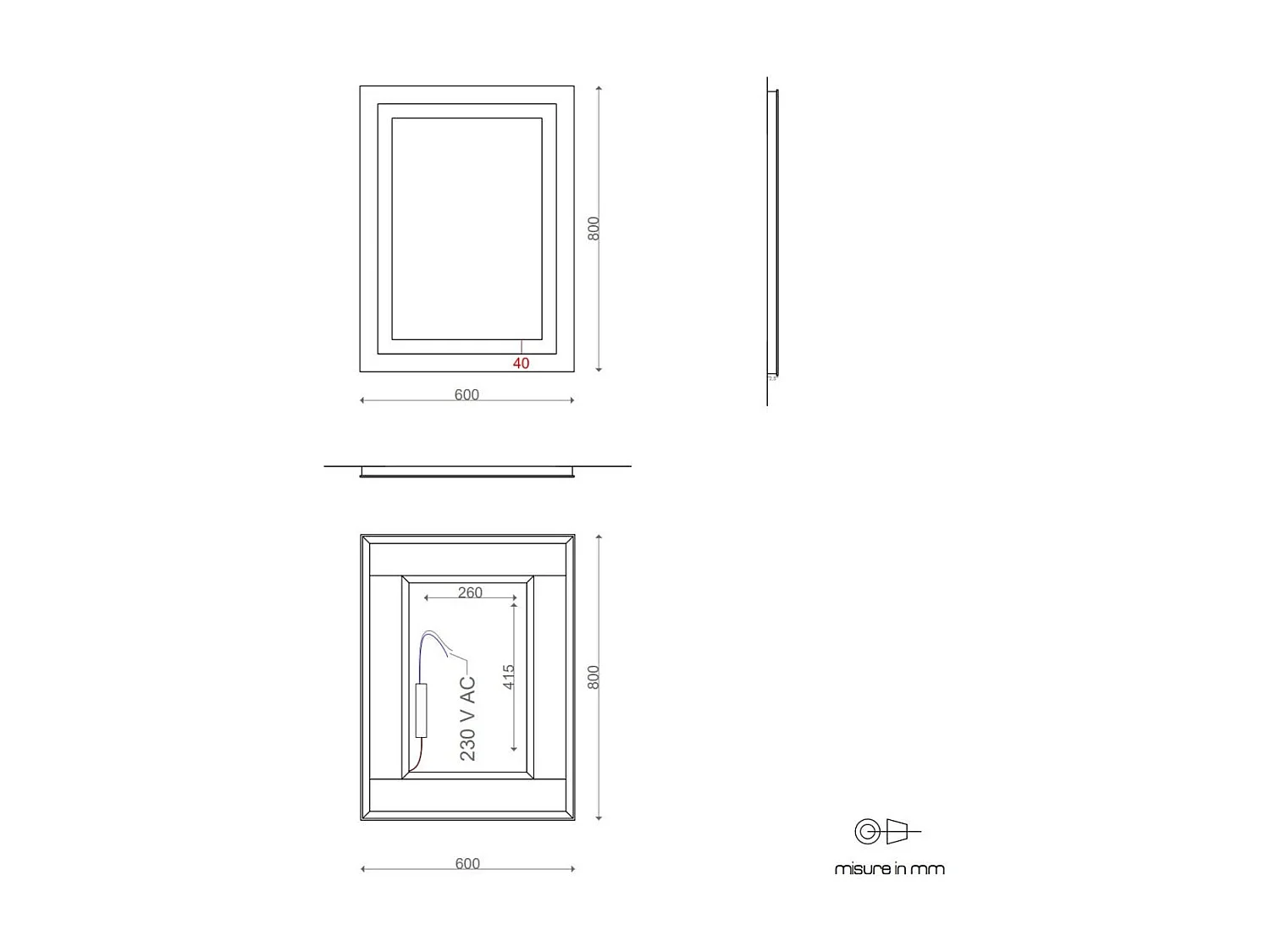 Miroir De Salle De Bain Avec Led Cm 80X60 Réversible Avec Senseur Touch