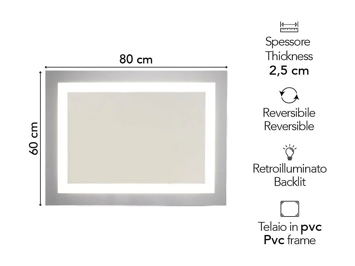Miroir De Salle De Bain Avec Led Cm 80X60 Réversible Avec Senseur Touch