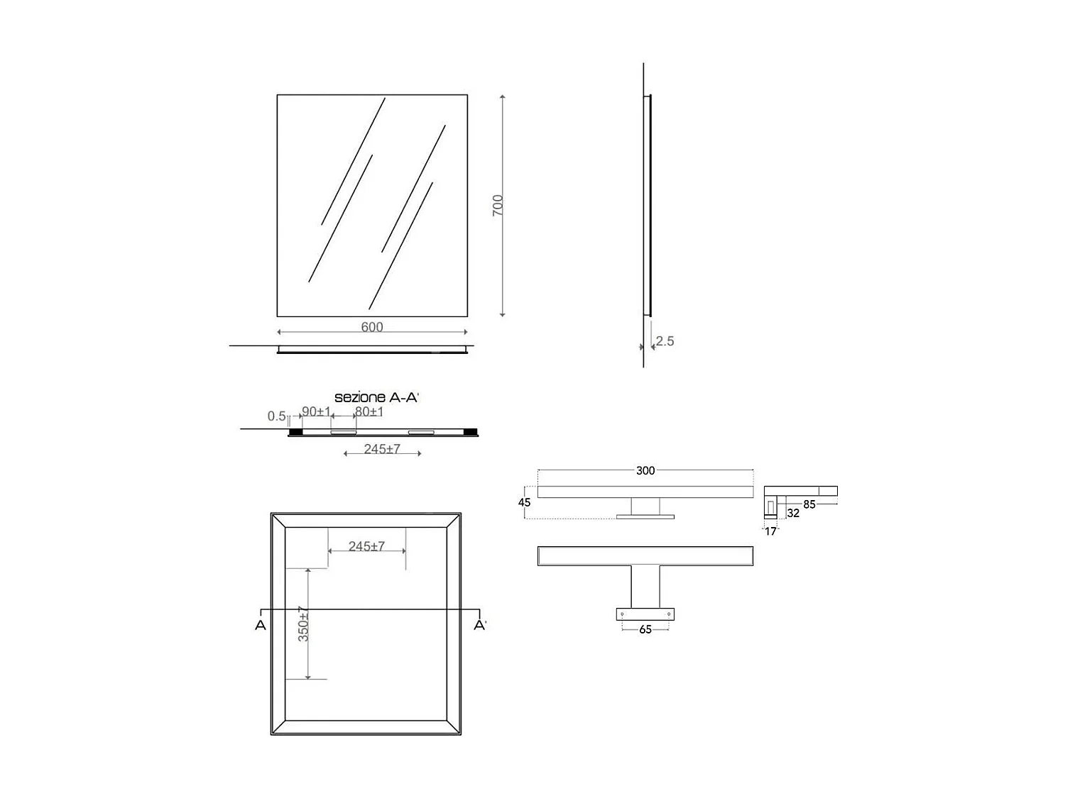 Miroir De Salle De Bains Affleurant Réversible 60X70 Métallique Avec Lampe À Leds