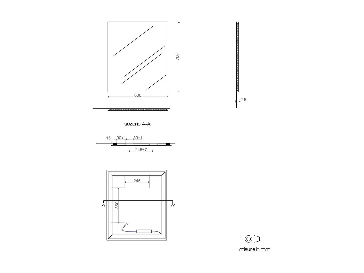 Miroir De Salle De Bain 70X60 Cm Avec Rétro-Éclairage Led