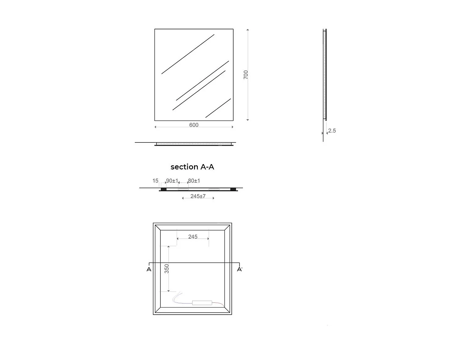 Miroir De Salle De Bain 70X60 Cm Avec Rétro-Éclairage Led