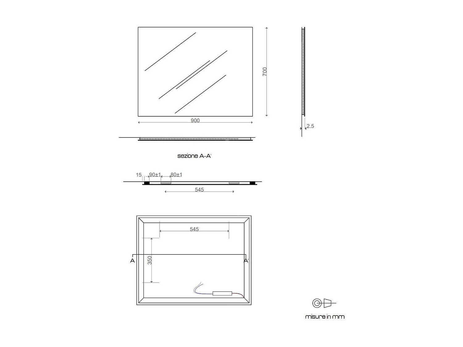 Miroir De Salle De Bains 90X70 Cm Éclairage À Leds
