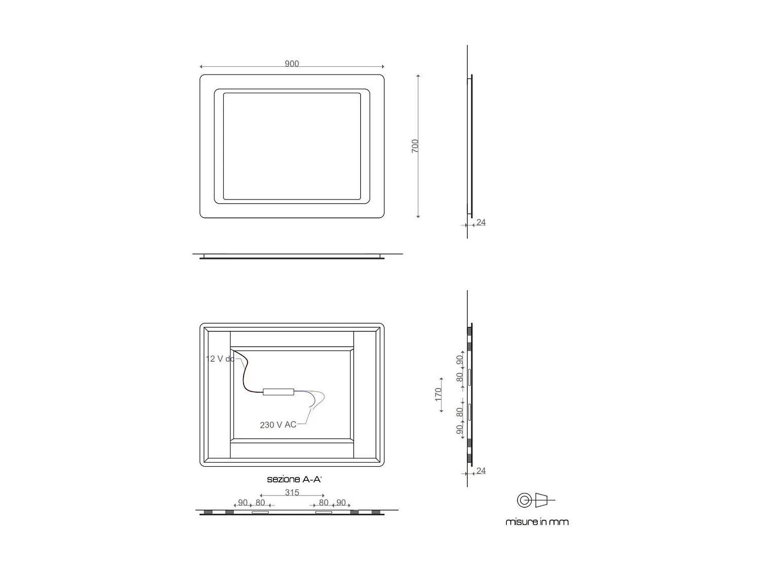 Miroir Avec Sablage Frontal Rétro-Éclairé Avec Led 90X60 Cm