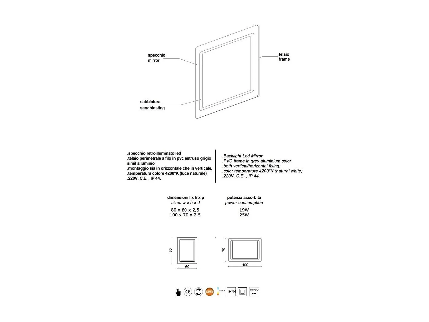 Miroir Rétroéclairé Avec Led Cm. 60X80 Réversible