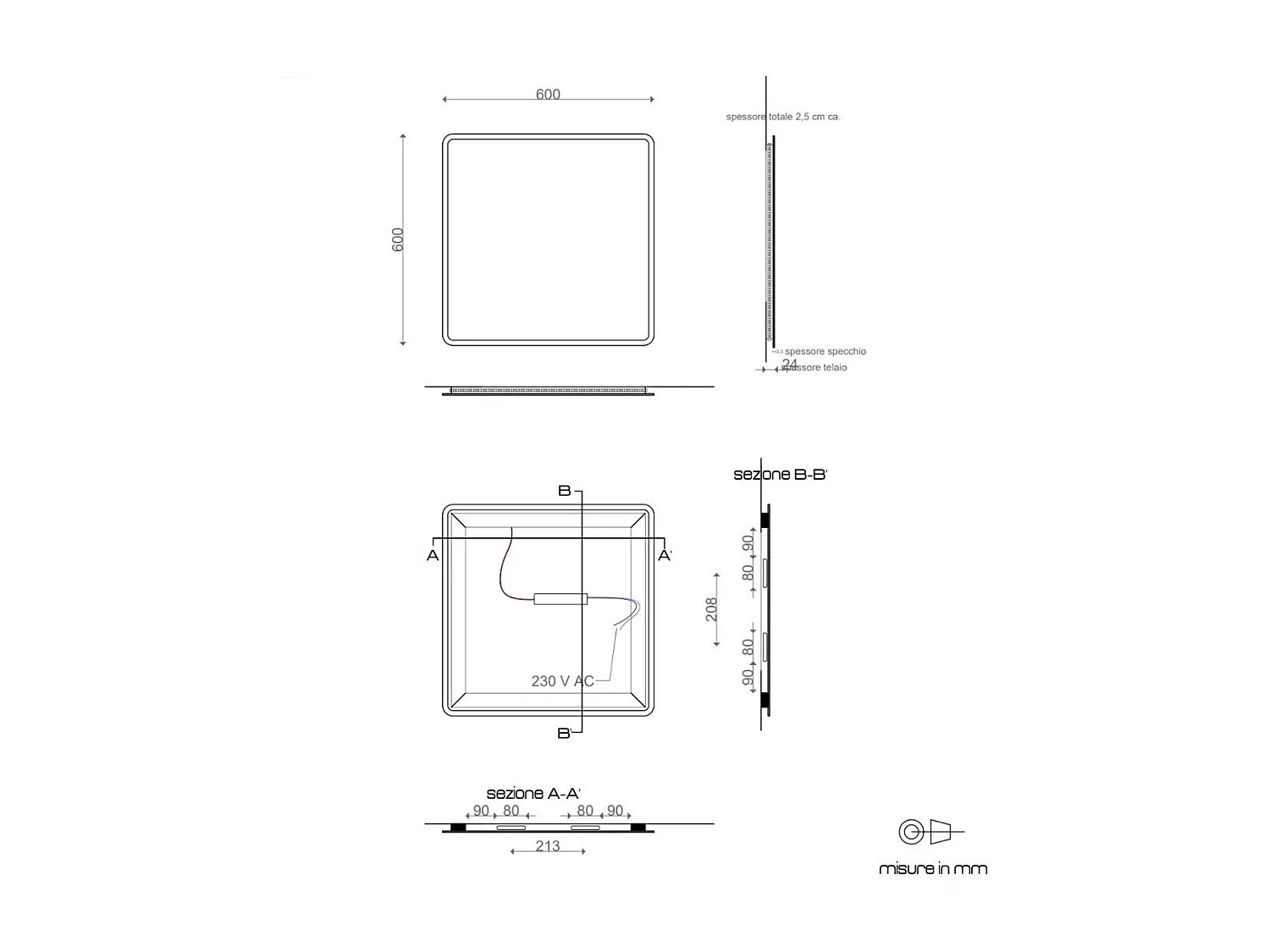 Miroir Angles Arrondis Éclairé Avec Led 60 X 60 Cm | Dallas