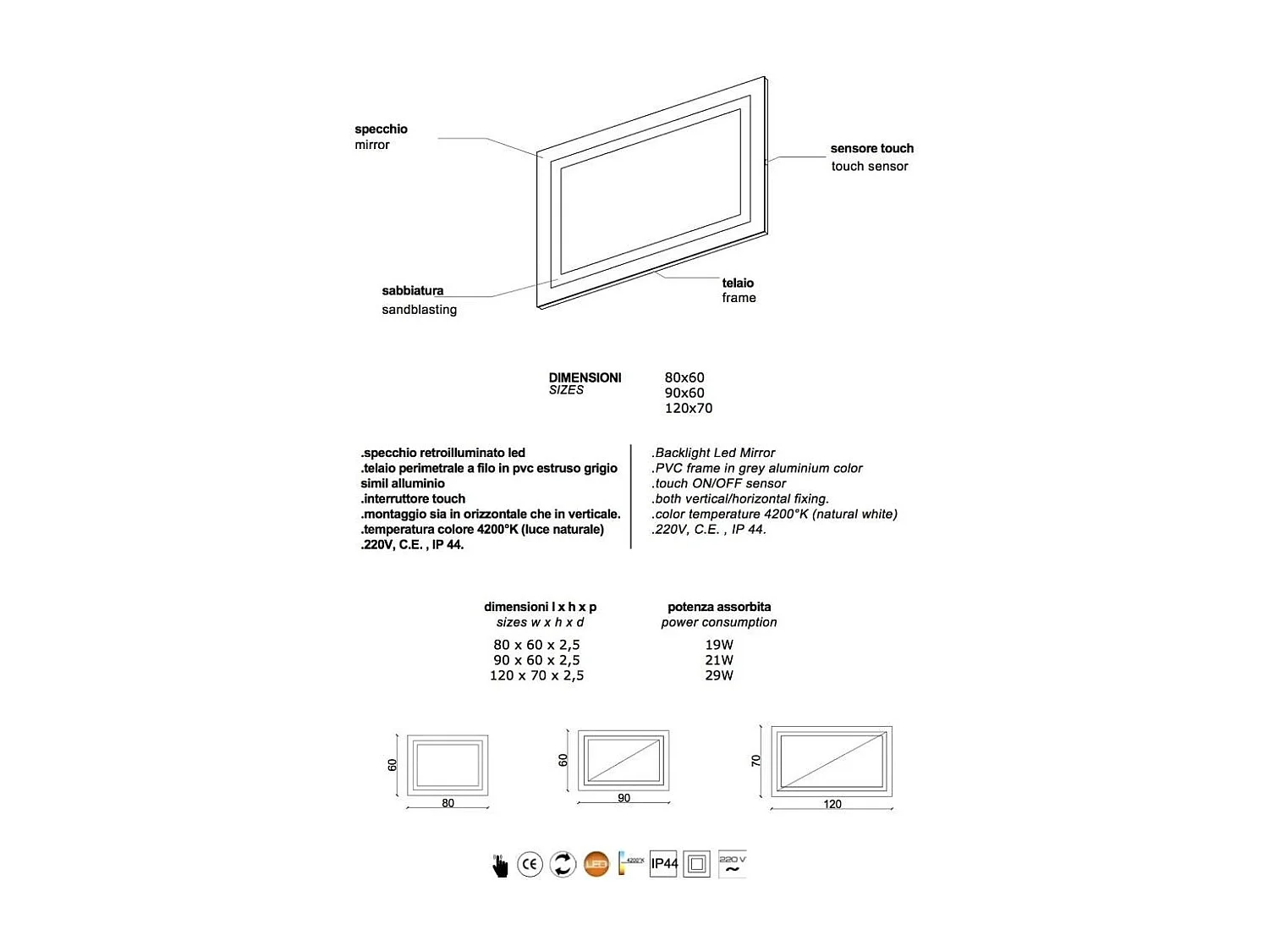 Miroir Pour Salle De Bain 90X60 Avec Led Réversible + Allumage Touch