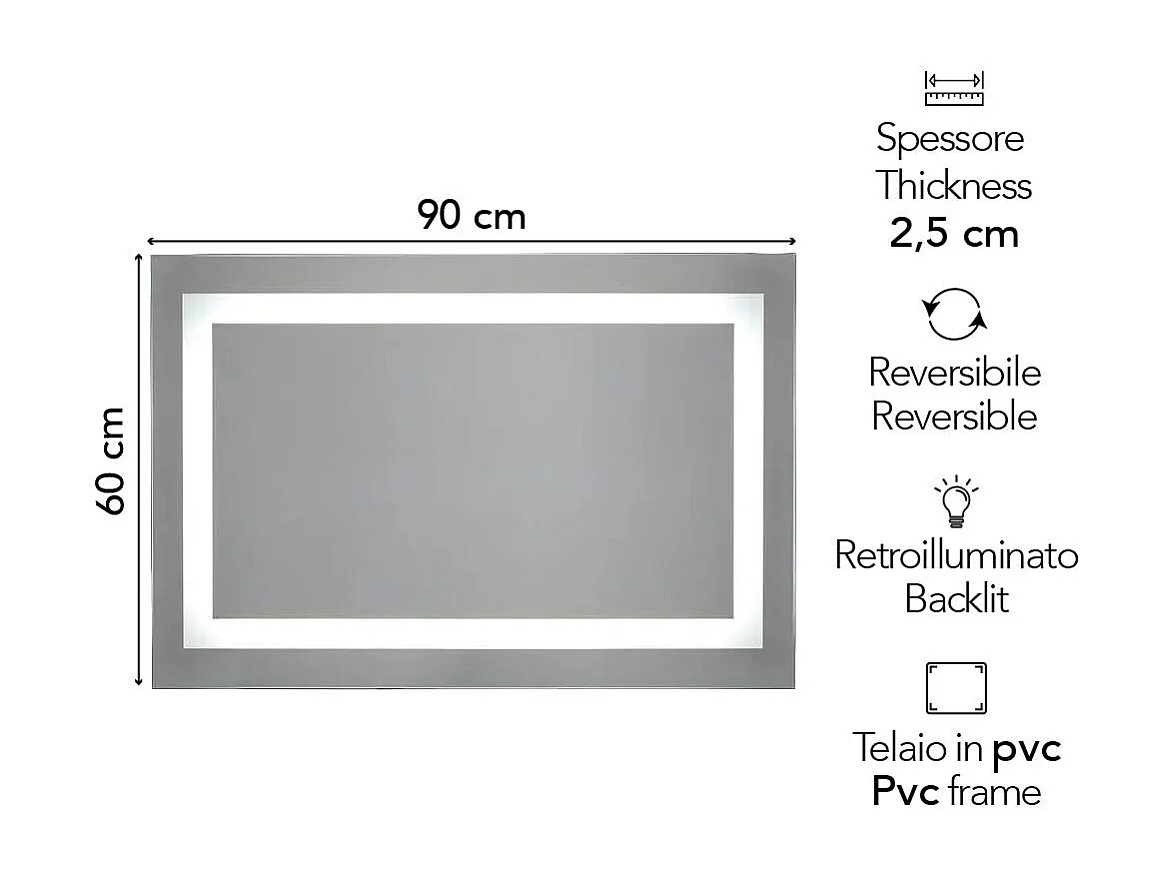 Miroir Pour Salle De Bain 90X60 Avec Led Réversible + Allumage Touch