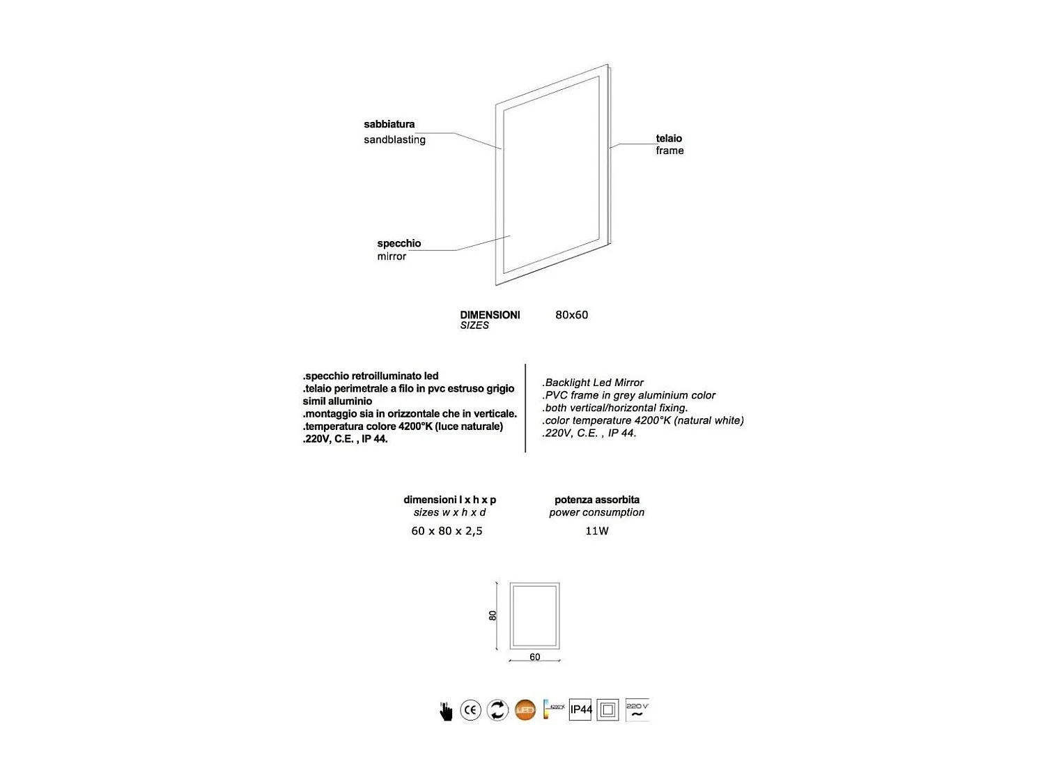 Miroir Avec Cadre Rétroéclairé Avec Led 80X60 Cm Réversible