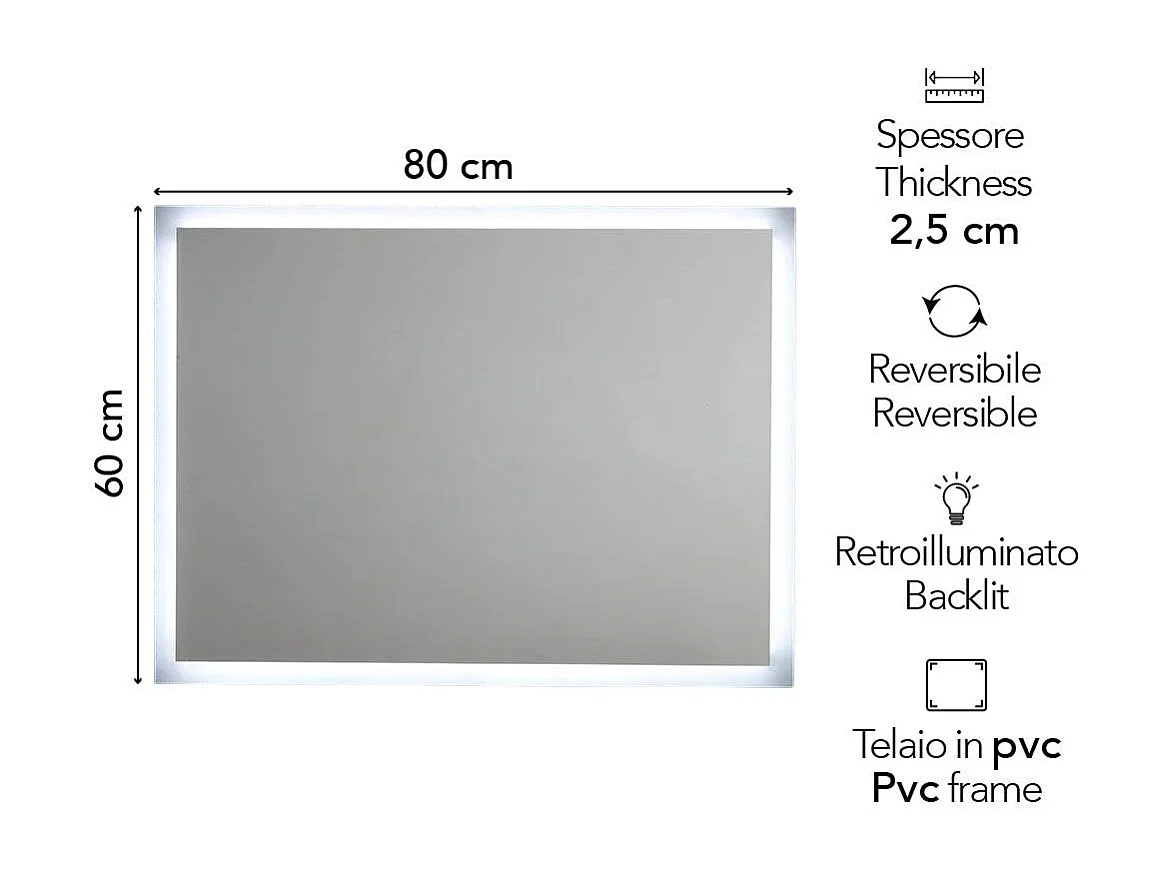 Miroir Avec Cadre Rétroéclairé Avec Led 80X60 Cm Réversible