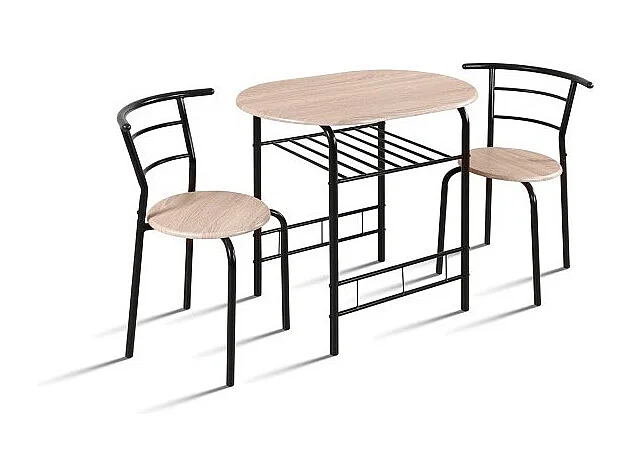 Ovale eettafel met opbergrek en 2 stoelen collectie STUDENT, kleine ruimte, sonoma eiken, zwart metalen grijze poten