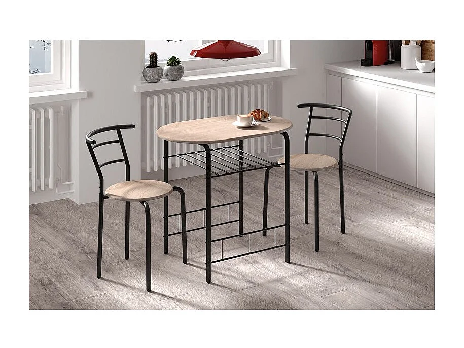 Ovale eettafel met opbergrek en 2 stoelen collectie STUDENT, kleine ruimte, sonoma eiken, zwart metalen grijze poten