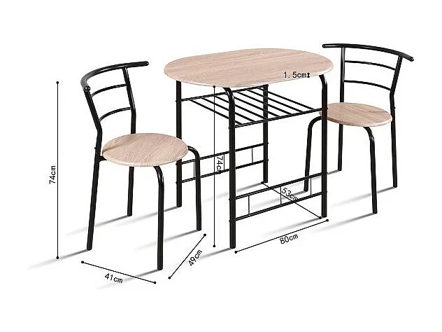 Table à manger ovale avec grille de rangement noire et 2 chaises collection STUDENT, petit espace, chêne sonoma