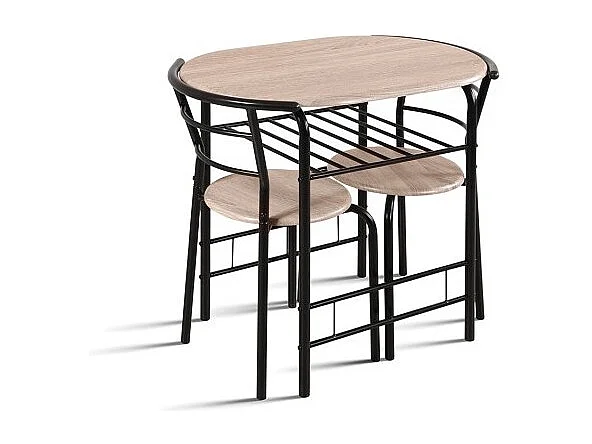 Table à manger ovale avec grille de rangement noire et 2 chaises collection STUDENT, petit espace, chêne sonoma