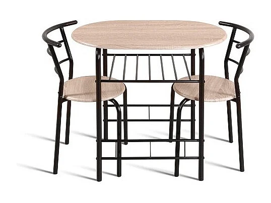 Table à manger ovale avec grille de rangement noire et 2 chaises collection STUDENT, petit espace, chêne sonoma