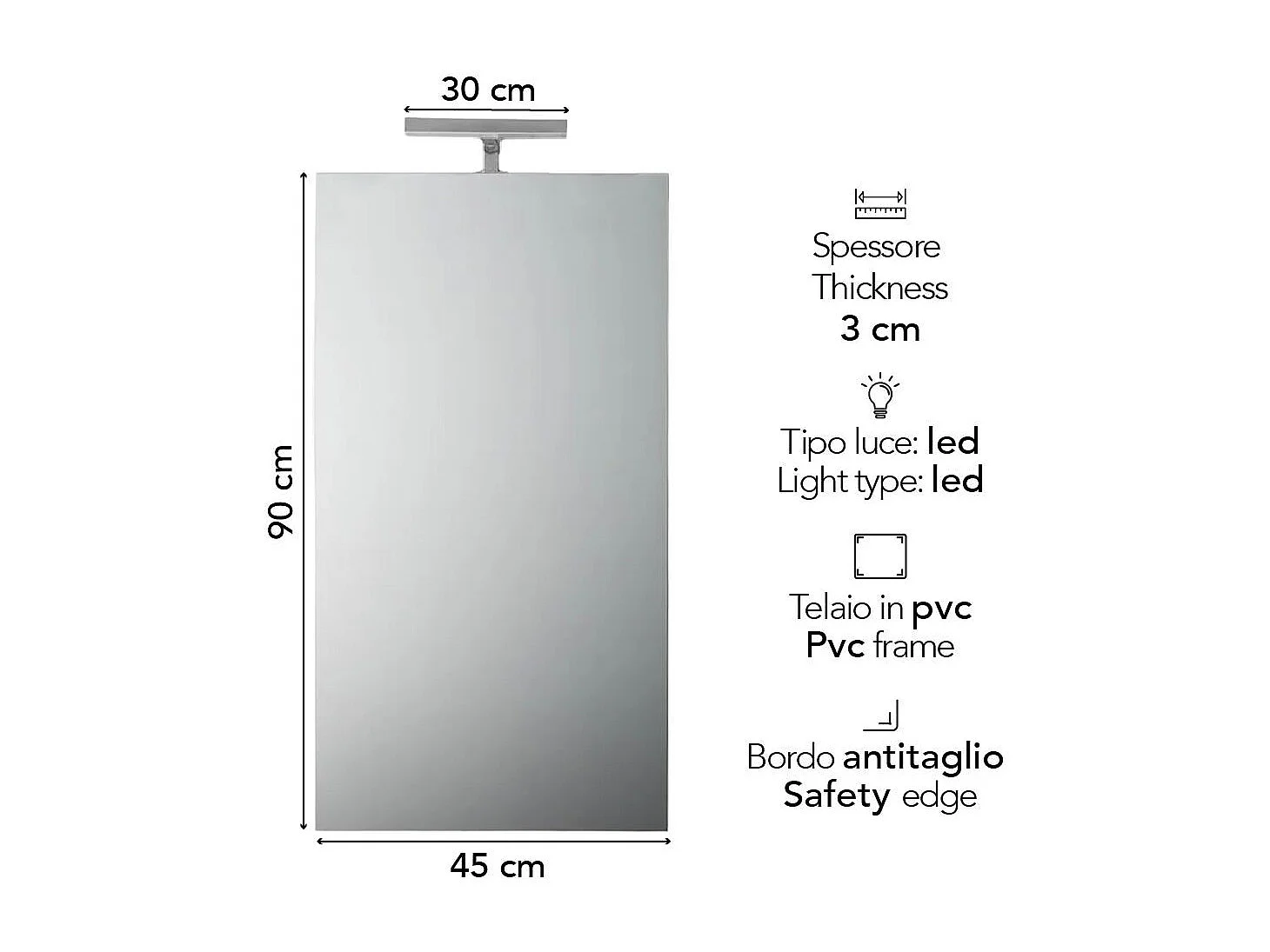 Miroir De Salle De Bain Simple Avec Éclairage De 45 Cm X 90 Cm