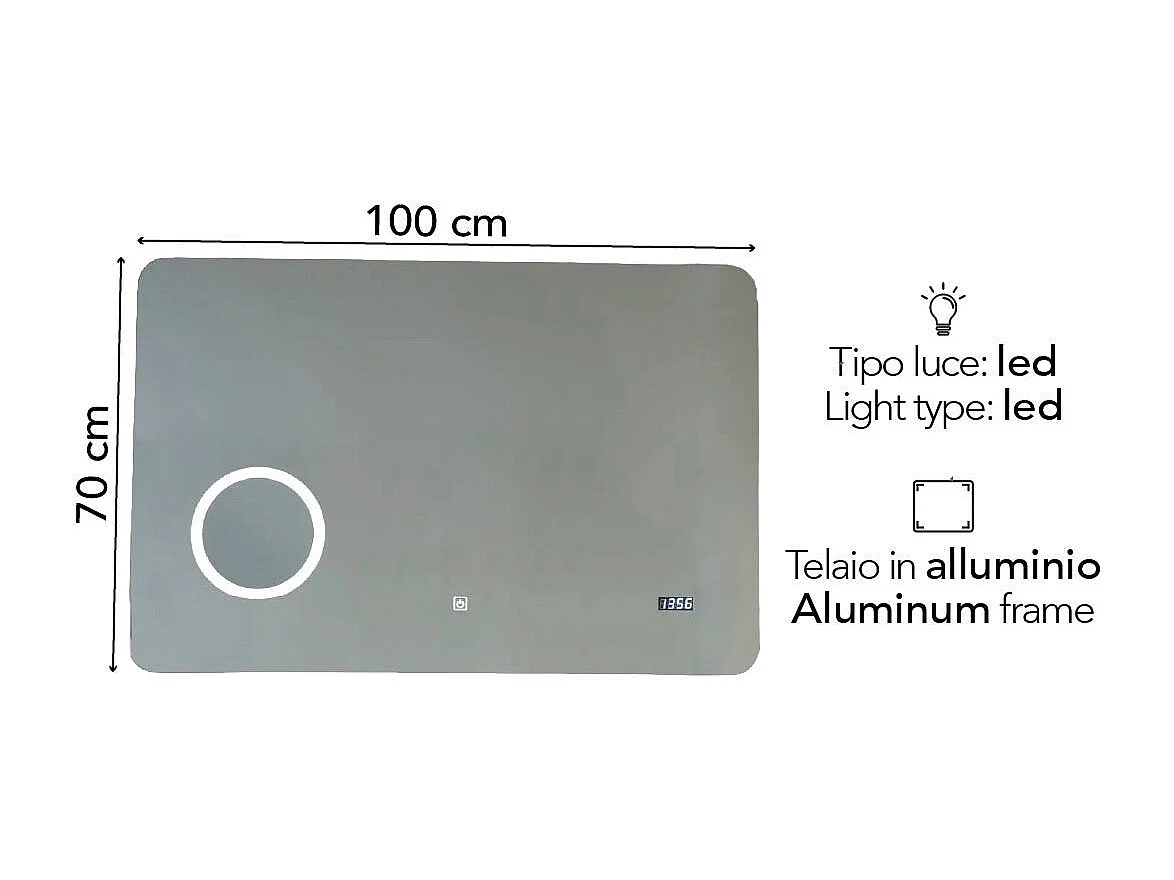 Miroir Avec Led 100X70 Avec Miroir Grossissant Et Montre Digitale Système Tactile