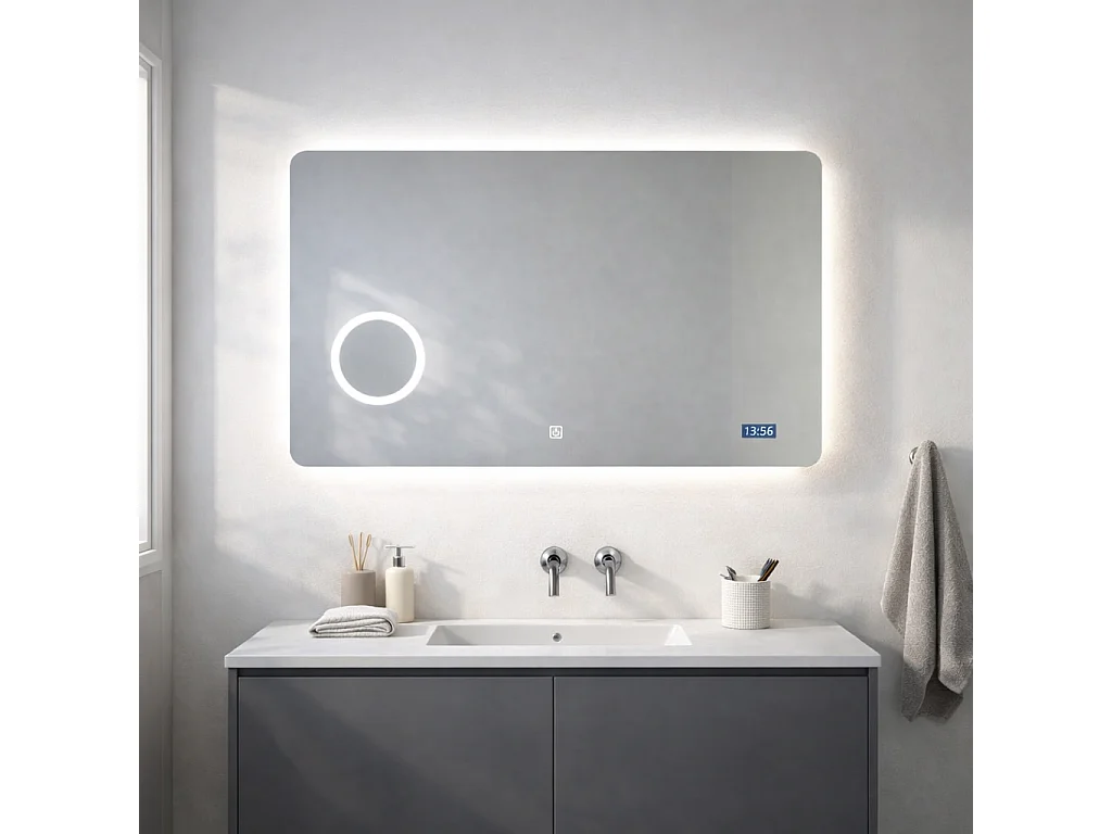 Miroir Avec Led 100X70 Avec Miroir Grossissant Et Montre Digitale Système Tactile