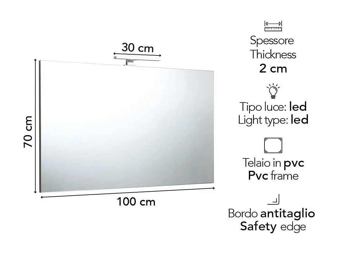 Miroir Avec Bords Polis Cm 100X70 Réversible Avec Lampe Led