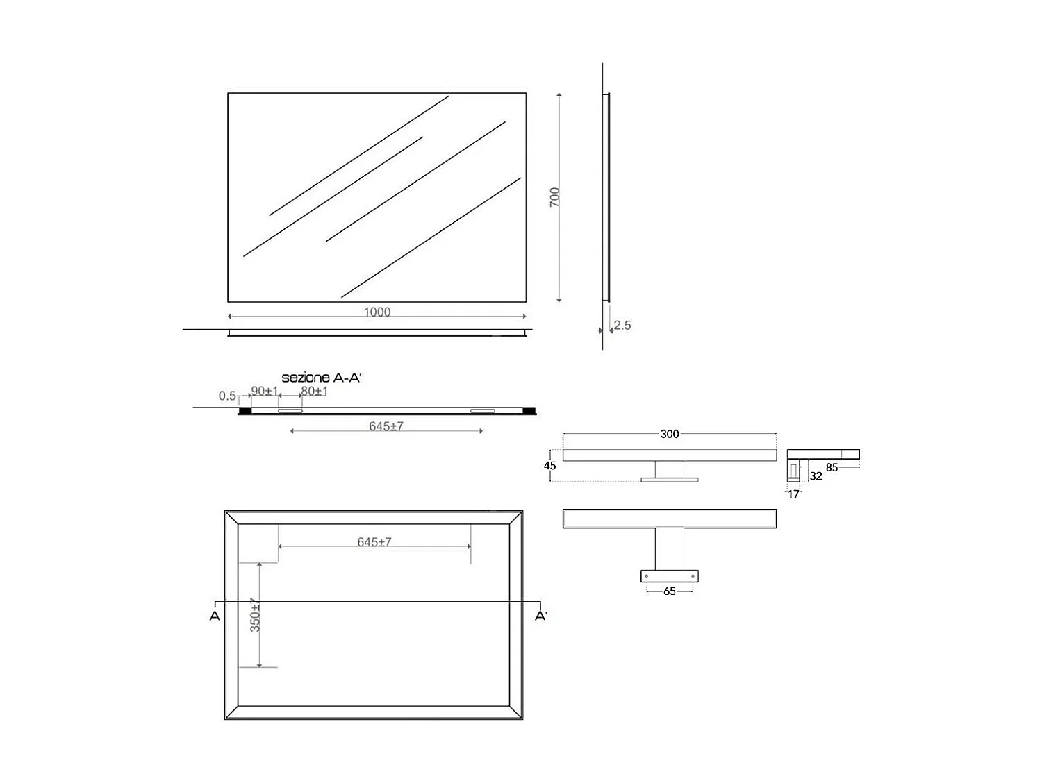 Miroir Avec Bords Polis Cm 100X70 Réversible Avec Lampe Led