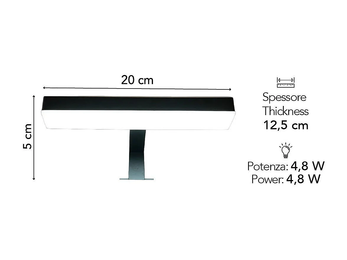 Applique Led Pour Miroir De Salle De Bain Avec Finition Noire 20X5x12.5 | Nettuno