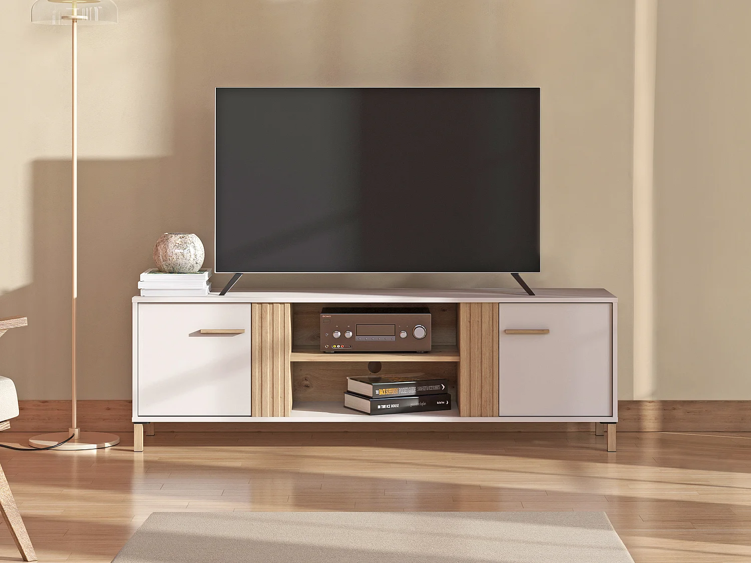 Meuble TV avec 2 portes et 2 niches - Beige et naturel - LYSANO