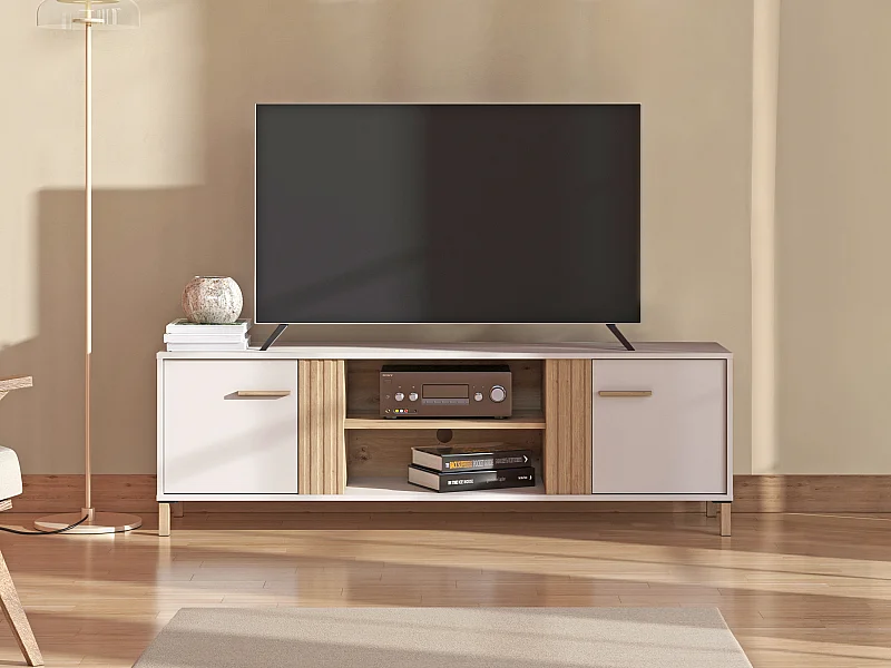 Meuble TV avec 2 portes et 2 niches - Beige et naturel - LYSANO