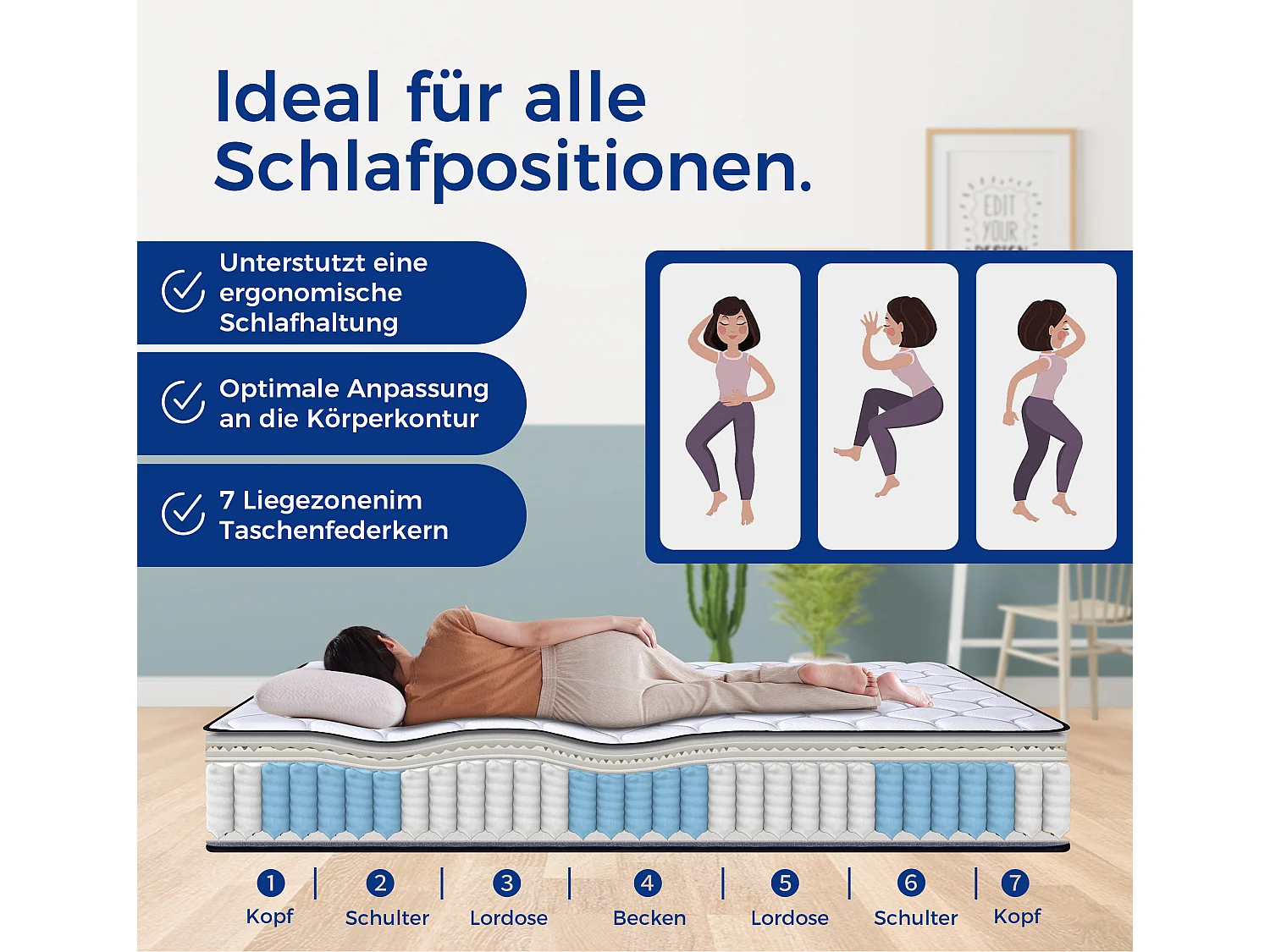 Matelas à ressorts ensachés 120x200 cm H3, 20 cm, 1000 ressorts, housse en Lyocell, 7 zones, certifié Oeko-TEX - Confort optimal pour un sommeil de qualité.