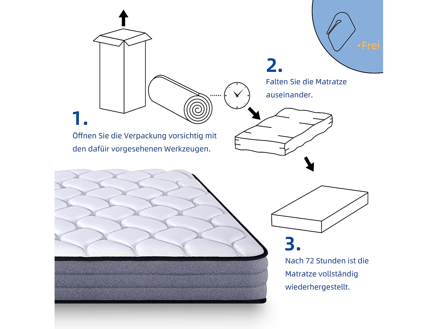 Matelas à ressorts ensachés 120x200 cm H3, 20 cm, 1000 ressorts, housse en Lyocell, 7 zones, certifié Oeko-TEX - Confort optimal pour un sommeil de qualité.