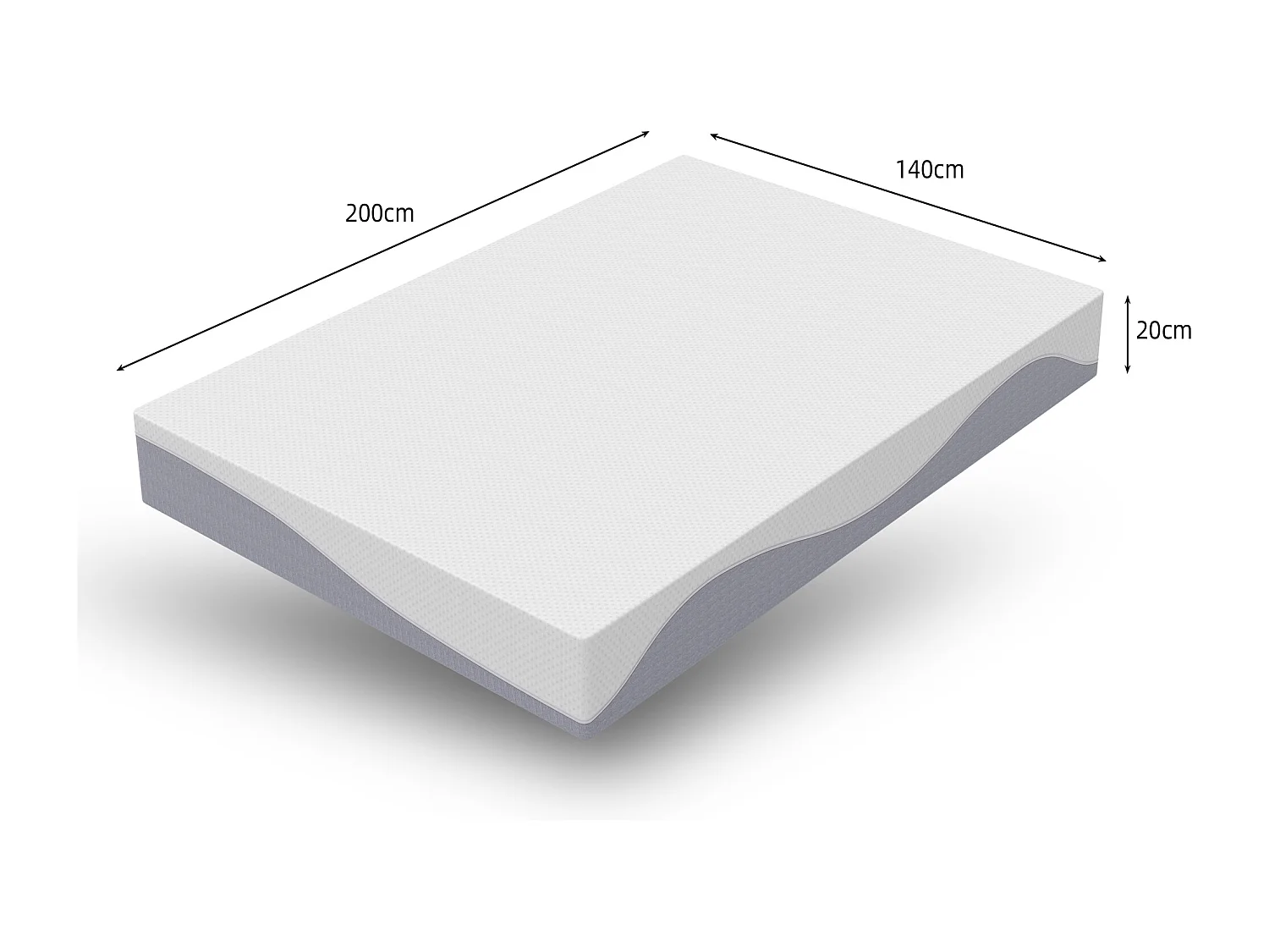 Matelas en mousse 140x200 cm, confort moyen H3/H4, hauteur 20 cm, certifié Oeko-TEX, réversible, housse amovible, gris et blanc.