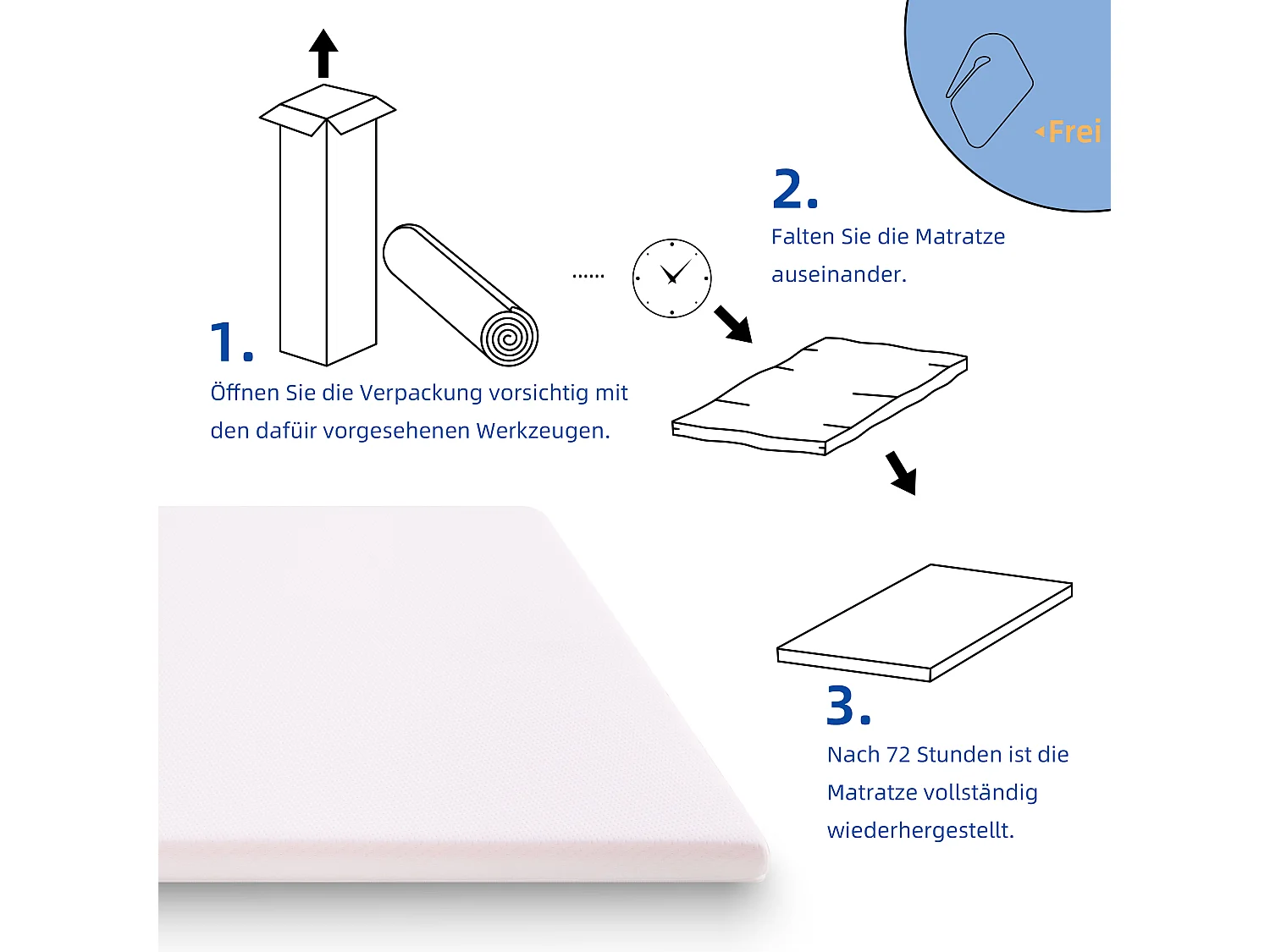 Matelas confortable H3, soutien moyen, certifié Eco-Tex, lavable, 5 cm de hauteur, taille 140x200 cm, mousse orange, matelas blanc.