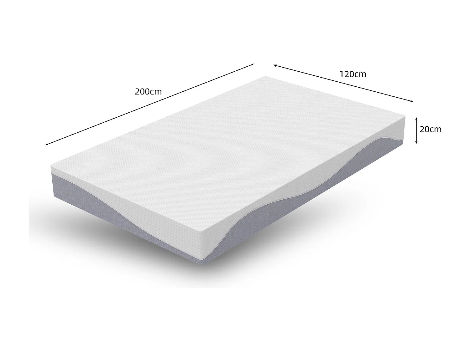 Matelas en mousse 120x200 cm, confort moyen H3/H4, hauteur 20 cm, certifié Oeko-TEX, réversible, housse amovible, gris et blanc.