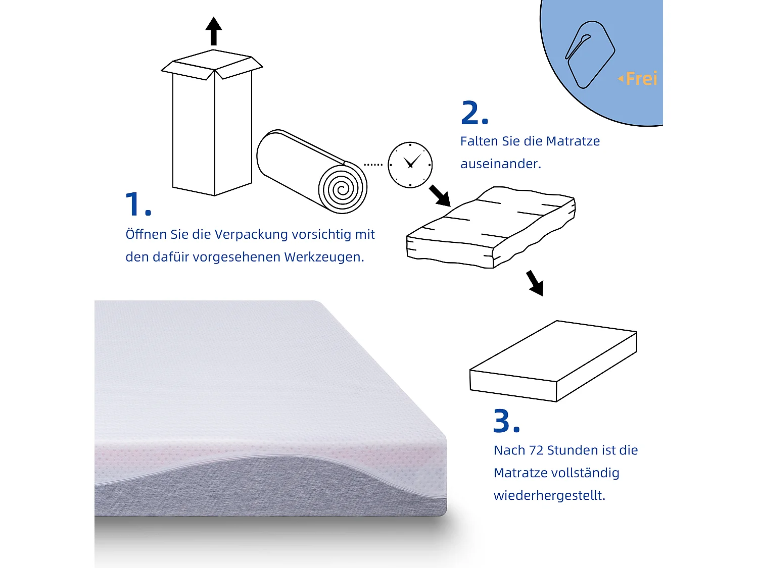 Matelas en mousse 120x200 cm, confort moyen H3/H4, hauteur 20 cm, certifié Oeko-TEX, réversible, housse amovible, gris et blanc.