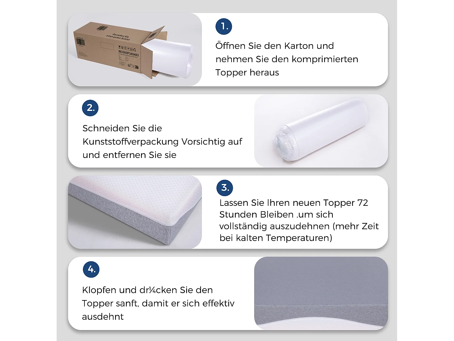 Matelas en mousse 180x200 cm, confort moyen H3/H4, hauteur 20 cm, certifié Oeko-TEX, réversible, housse amovible, gris et blanc.